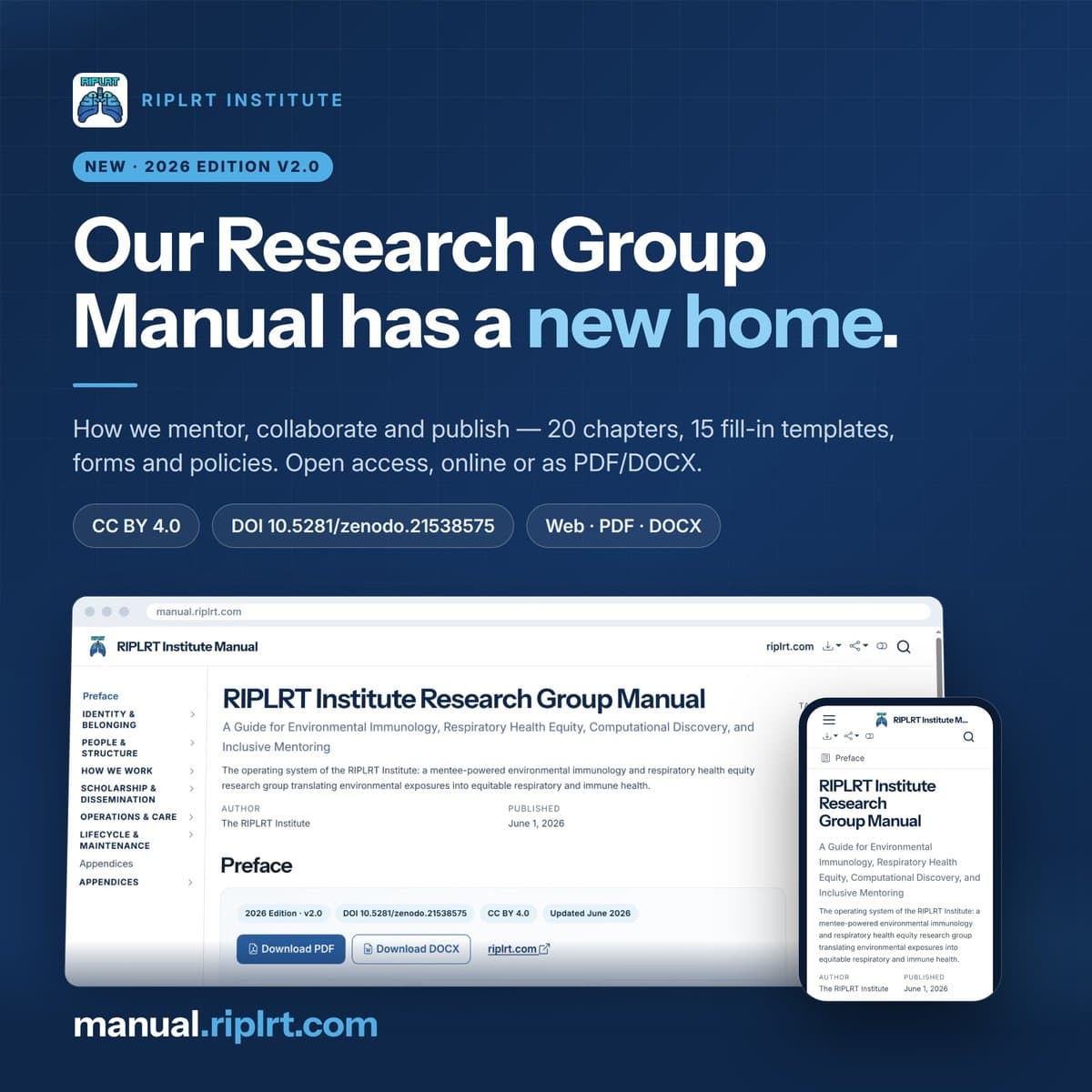 RIPLRT Institute announcement: “Our Research Group Manual has a new home,” 2026 Edition v2.0, with screenshots of manual.riplrt.com on a laptop and a phone.